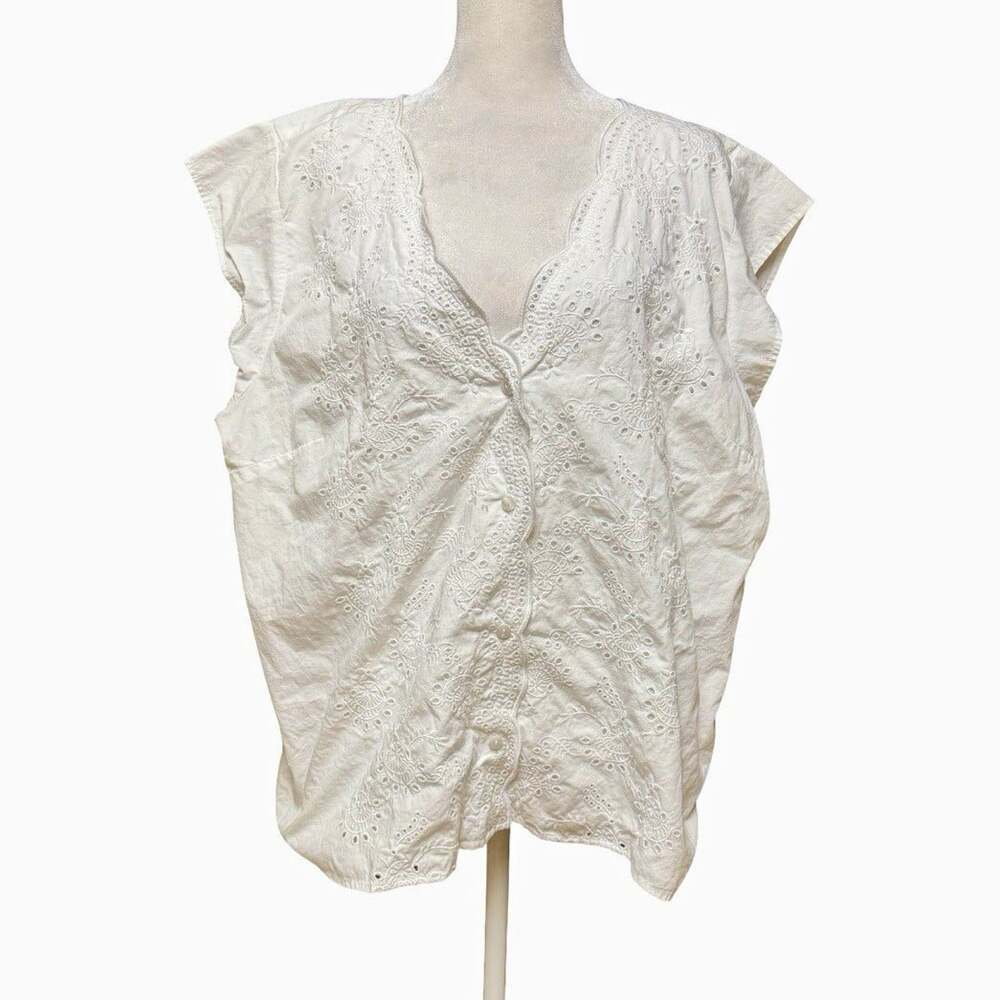 Ann Taylor Factory White Embroidered Button-Front V-Neck Cap Sleeve Blouse XXL